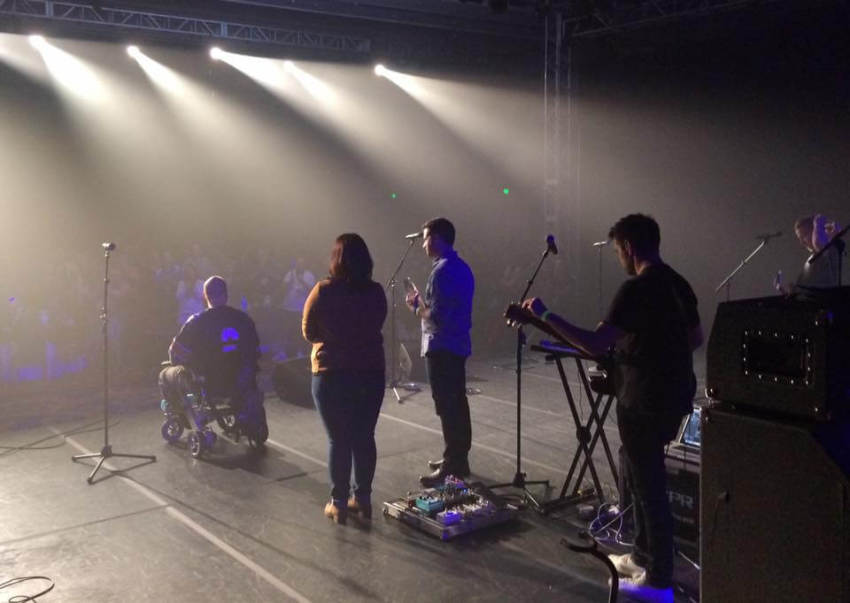Jason Weaver joins his band Big Daddy Weave on stage at Christian Music Broadcasters Momentum Conference as they received the “Rich Mullins Impact Award, Sept. 7, 2016.