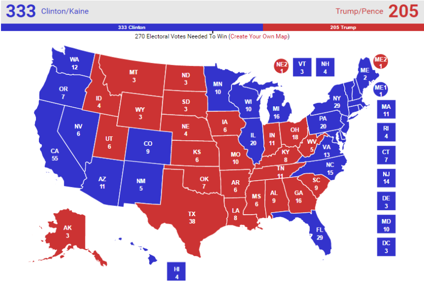 The Real Clear Politics "no toss-ups" election map, accessed Thursday, October 20, 2016.