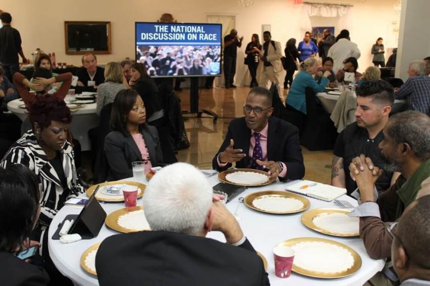 Bishop Claude Alexander, senior pastor, The Park Church, Charlotte, North Carolina leads a discussion on race at the "National Discussion on Race" Conference convened by Movement Day Global Cities at Bethel Gospel Assembly in New York City, New York on Monday October 24, 2016.
