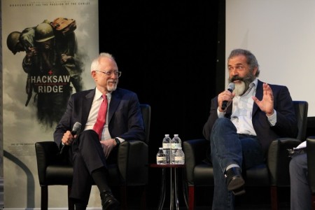 Pulitzer Prize winning screenwriter Robert Schenkkan (L) and actor-director Mel Gibson (R) discuss their new film, "Hacksaw Ridge" at The Sheen Center in New York City on Wednesday November 2, 2016.