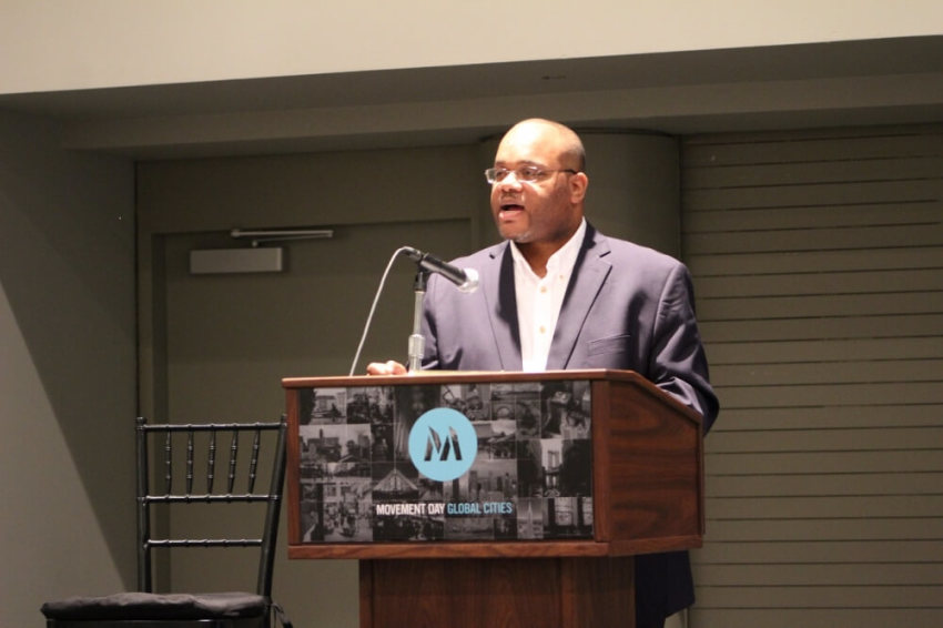 Samuel Harrell, director of Project Ignition at the American Bible Society speaks at the "Movement Day Global Cities" conference at the Jacob Javits Center in New York City on Wednesday, October 26, 2016.