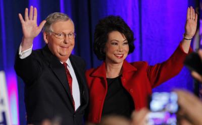 U.S. Senate Minority Leader Mitch McConnell (R-KY) waves to supporters with his wife, former United States Secretary of Labor Elaine Chao, at his midterm election night rally in Louisville, Kentucky, November 4, 2014.