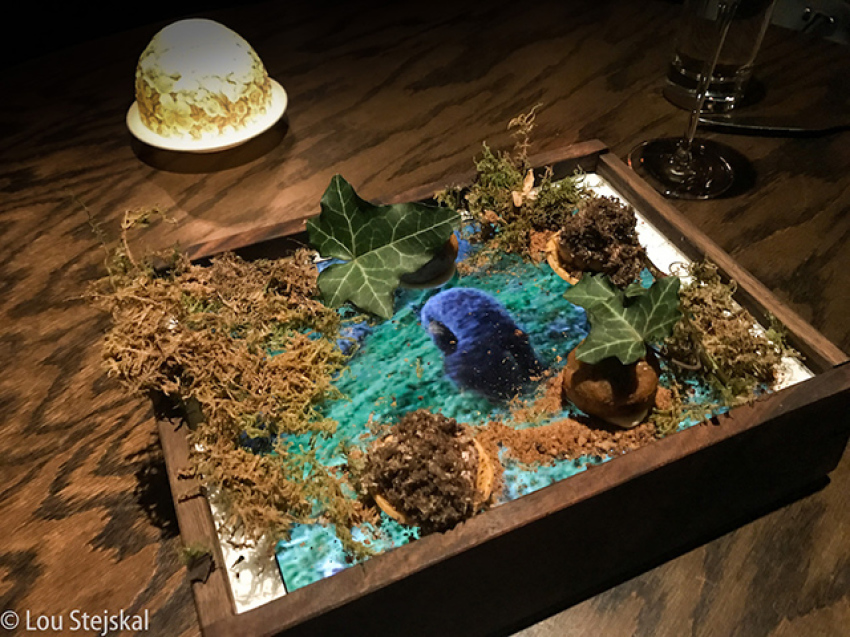 The "A Dog in Search of Gold" dish served on an iPad in Quince, a three Michelin Star restaurant in San Francisco.