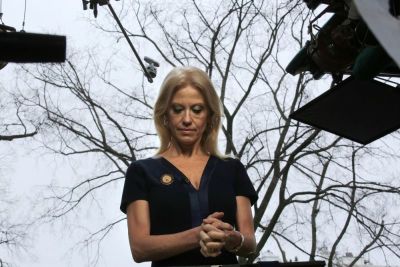 Counselor to U.S. President Donald Trump, Kellyanne Conway prepares to go on the air in front of the White House in Washington, U.S., January 22, 2017.