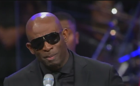 An emotional NFL Hall of Famer Deion Sanders gives a tribute at the homegoing service of the late Bishop Eddie Long on January 25, 2017.