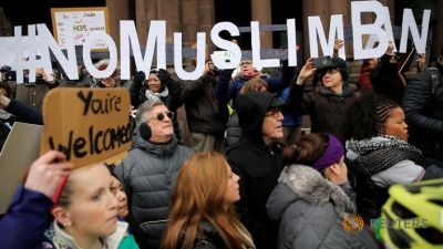 Demonstrators spell out '# No Muslim Ban' during the 'Boston Protest Against Muslim Ban and Anti-Immigration Orders' to protest U.S. President Donald Trump's executive order travel ban in Boston.