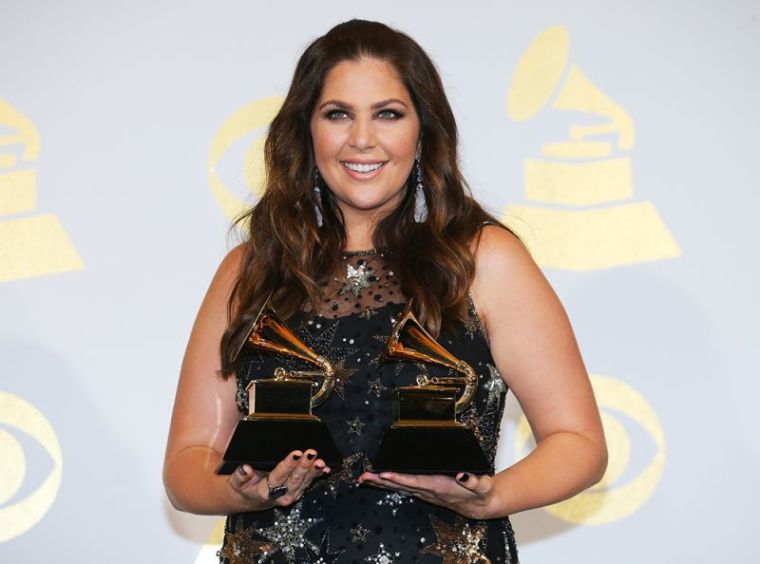 Hillary Scott poses with the awards she won for Best Contemporary Christian Music Performance/Song for "Thy Will" and Best Contemporary Christian Music Album for "Love Remains" at the 59th Annual Grammy Awards in Los Angeles, California, February 12, 2017.