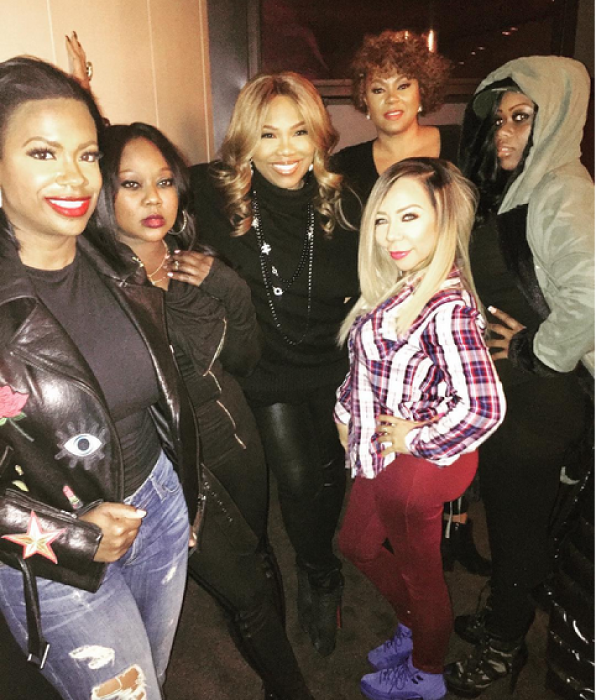 From left: Kandi Burruss, LaTocha Scott, television producers Mona Scott-Young and Stephanie Gayle, Tamika Scott and Tameka "Tiny" Harris reunite 1990s R&B quartet Xscape after 18 years.