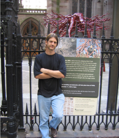 Artist Steve Tobin and his "Trinity Root" piece, located at Trinity Church in New York City.