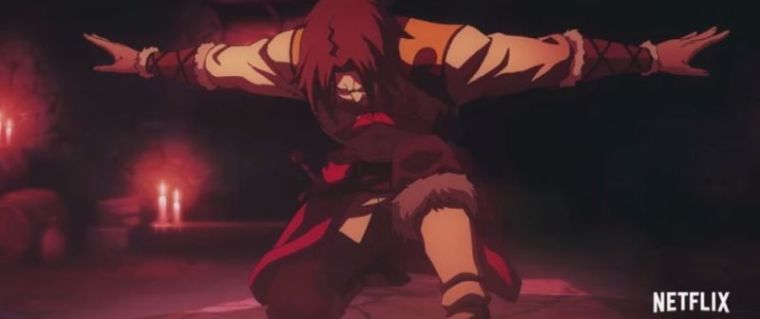 A screenshot from the official trailer of the animated series 'Castlevania.'