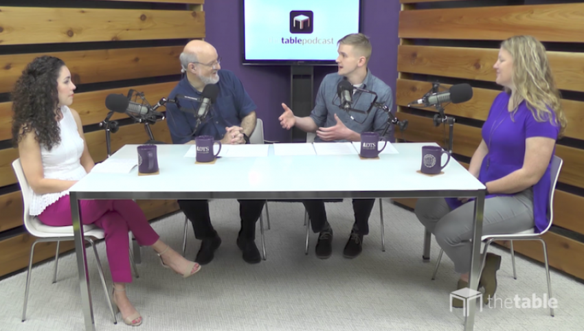 (L to R) Kat L. Armstrong, Darrell L. Bock, Sam Eaton, and Nika Spaulding talk about millennials leaving the church during "The Table" podcast, July 18, 2017.