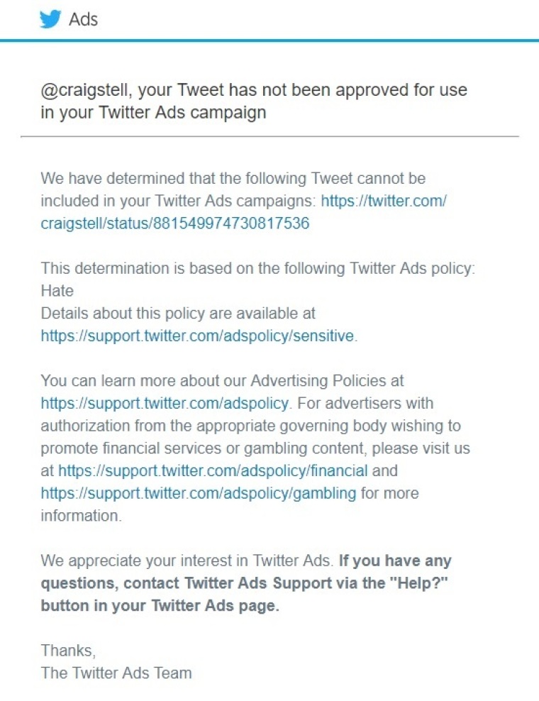 Twitter Ads email to Craig Stellpflug