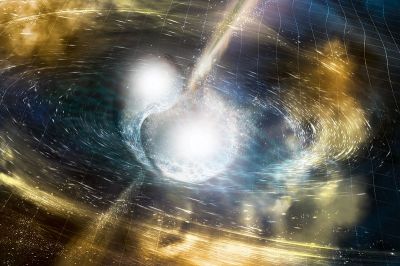 An artist's illustration of two merging neutron stars. The rippling space-time grid represents gravitational waves that travel out from the collision, while the narrow beams show the bursts of gamma rays that are shot out just seconds after the gravitational waves. NSF/LIGO/Sonoma State University/A. Simonnet