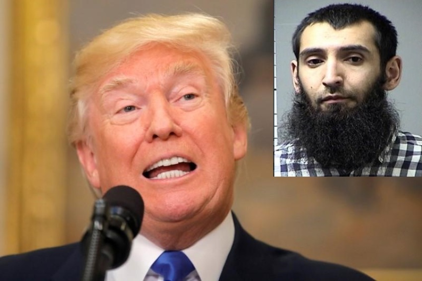 President Donald Trump and Sayfullo Saipov (inset), the unrepentant 29-year-old Uzbekistan immigrant suspected of killing eight people and injuring at least 11 others in a terror attack in New York City on Tuesday October 31, 2017.