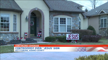 A "Jesus" sign sits outside the home of Mark and Lynn Wivell in Gettysburg, Pennsylvania.