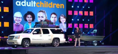 Ed Young, Fellowship Church of Grapevine, Texas pastor, delivering the first part of his sermon series "Adult Children" on Sunday, January 14, 2018. The automobile behind him with baggage tied on top represented the personal baggage people carry around with them.
