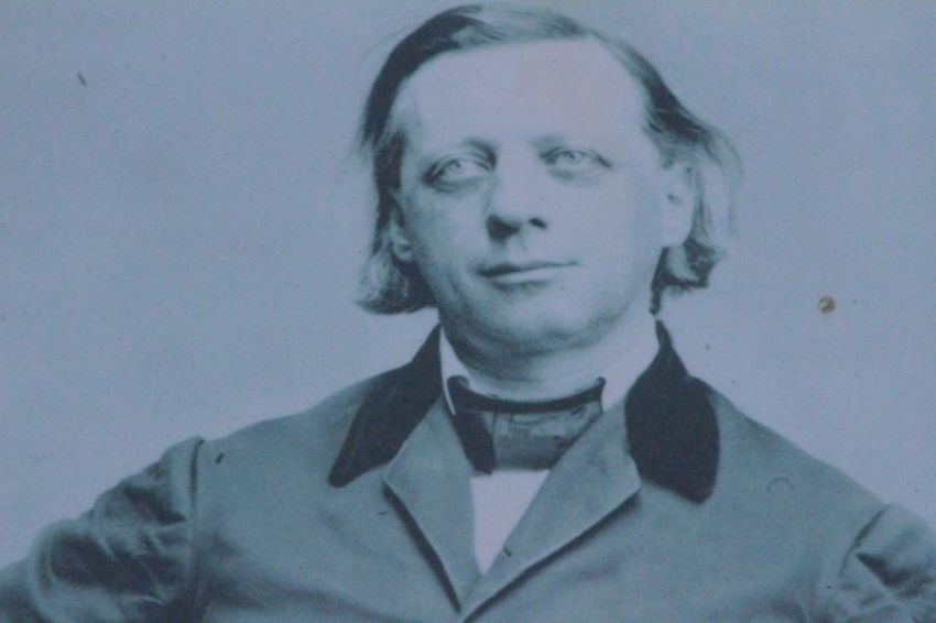 A photo of Henry Ward Beecher posted at the front of the historic Plymouth Church in Brooklyn Heights, New York.