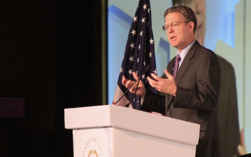 United States Ambassador at-Large for International Religious Freedom Sam Brownback speaks at the "Alliance of Virtue" conference at the Marriott Marquis in Washington, D.C. on Feb. 6, 2018.