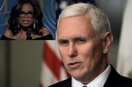 Oprah Winfrey Receives Cecil B. de Mille Award at the 2018 Golden Globes, California, Jan 7, 2017. And U.S. Vice President Mike Pence. Grove City College (inset).