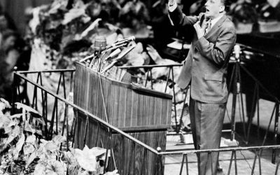 Billy Graham, the American evangelist, preaches in May 1957 at Madison Square Garden in New York.