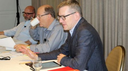 Andy Crouch (foreground), Andrew Sullivan (left), and Peter Wehner (middle) talk on "Technology: A Threat to the Human Soul?" at Faith Angle Forum, Nov. 7, 2017, Miami Beach, Florida.