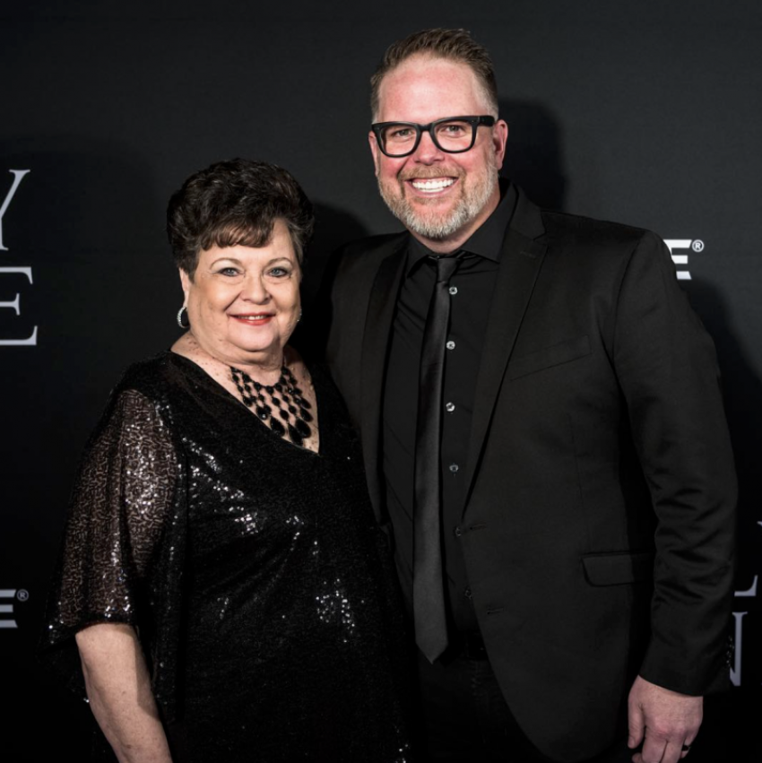 Bart Millard and his mother on the red carpet of the "I Can Only Imagine," premier in Dallas, Texas, March 14, 2018.