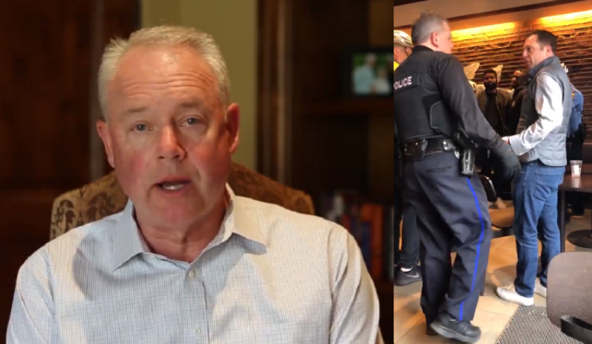 Starbucks CEO Kevin Johnson (L) has offered a personal apology to two black men (pictured R in background) who were arrested by police at a local Starbucks in Philadelphia while waiting to meet their friend. An employee reportedly called the police when they refused to make a purchase and would not leave.