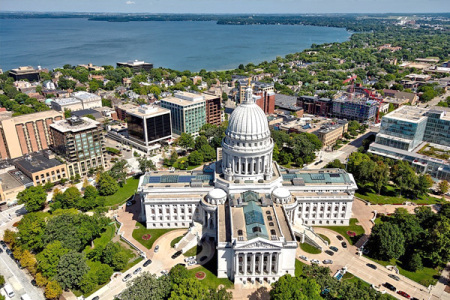 An aerial view of the downtown area of Madison, Wisconsin. 