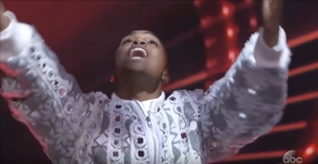"American Idol" finalist Michael J. Woodard praises Jesus on the singing competition in Hollywood, California, April 30, 2018.