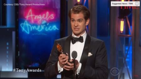 Andrew Garfield wins the Tony Award for best leading actor in a play for his work in "Angels In America" on June 10, 2018, in New York.