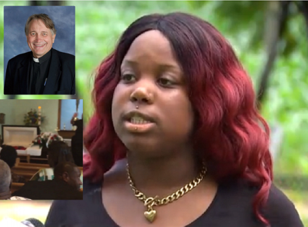 Shanice Chisely says Fr. Michael Briese (Top - L) told her family to "get the hell out" of the Saint Mary Catholic Church in Charlotte Hall, Md., after some accidentally knocked over a sacred chalice.