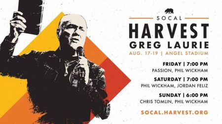 Evangelist Greg Laurie was forced to take down a series of billboards showing him holding a Bible, as seen in this image. The billboards advertised his upcoming "Harvest" outreach.