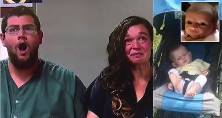 Christian parents Seth Welch (L) and his wife, Tatiana Fusari (C), both 27, react in shock as they find out they could spend life in prison for the death of their daughter, Mary Anne (R).