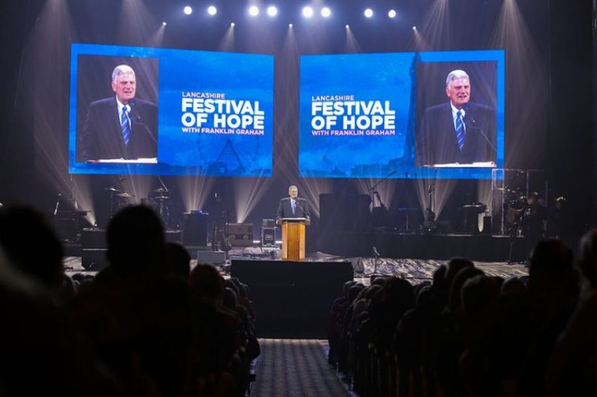 Franklin Graham preaching at the "Festival of Hope" which took place September 21-23, 2018, in Blackpool, England.
