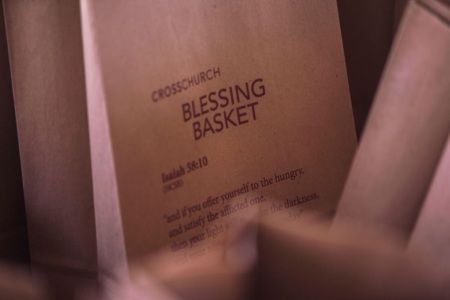 Bags for the Blessing Baskets that volunteers at the Arkansas-based Cross Church compiled for charity.