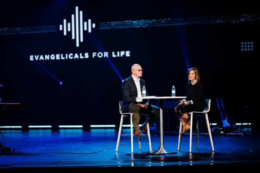 Alliance Defending Freedom attorney Kristen Waggoner (L) speaks with Andrew T. Walker, director of research at the Southern Baptist Convention's Ethics & Religious Liberty Commission, on stage during the 2019 Evangelicals for Life conference in Vienna, Virginia on Jan. 17, 2019.