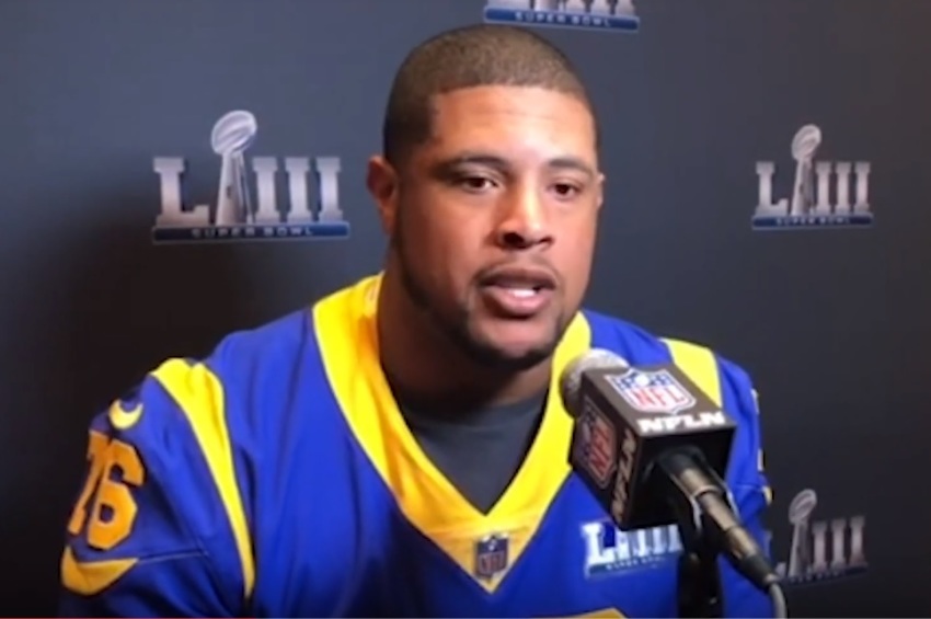 Los Angeles Rams offensive lineman Rodger Saffold at a press conference in January 2019.
