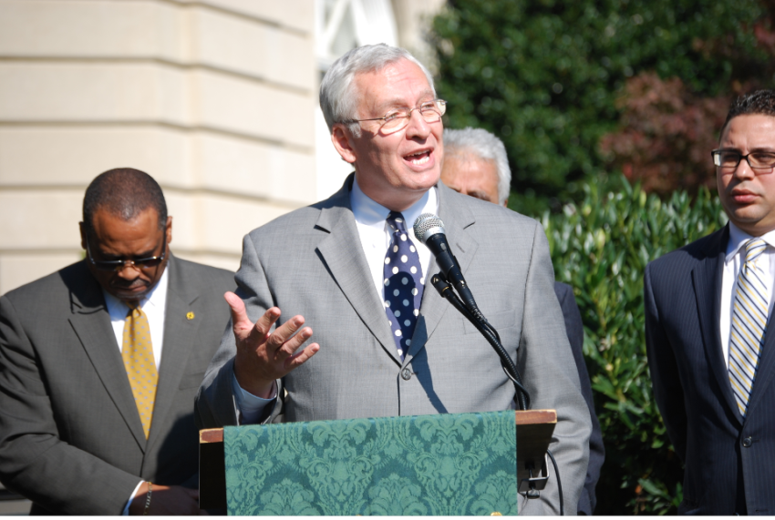 National Association of Evangelicals President Leith Anderson speaks at a Circle of Protection event outside of the United Methodist Building in Washington, D.C.