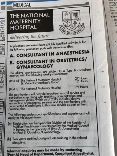 A job ad from The National Maternity Hospital of Dublin, Ireland, is shown here