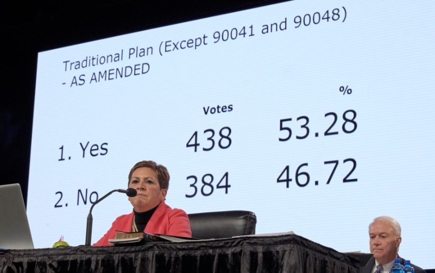 Bishop Cynthia Fierro Harvey observes the results from a Feb. 26 vote for the Traditional Plan, which affirms the church’s current bans on ordaining LGBTQ clergy and officiating at or hosting same-sex marriage. The vote came on the last day of the 2019 General Conference in St. Louis.
