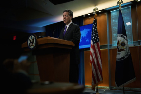 U.S. State Department Ambassador at Large for International Religious Freedom Sam Brownback speaks during a press event at the State Department May 29, 2018 in Washington, DC.