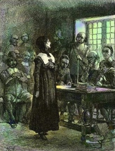 Puritan leader Anne Hutchinson, shown on trial for heresy in this early 20th century picture. Hutchinson was eventually banished from Massachusetts colony for her beliefs.