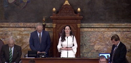 Pennsylvania Representative Stephanie Borowicz delivers opening prayer for state House of Representatives session on Monday, March 25, 2019.
