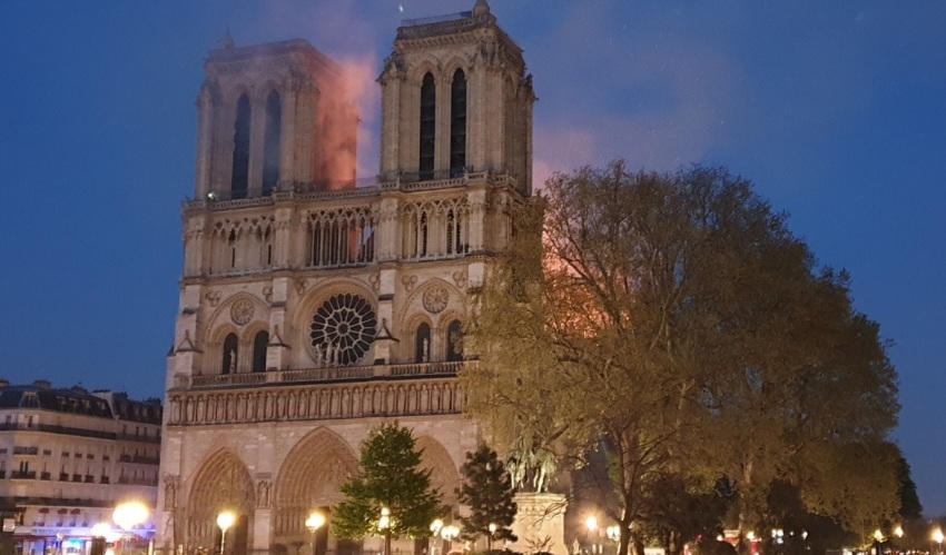 The Notre Dame Cathedral of Paris, France experiencing a major fire on Monday, April 15, 2019.