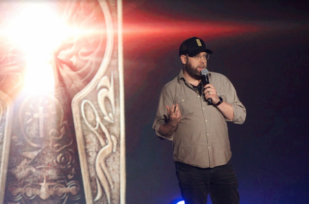Andy Erwin speaks at the launch of Kingdom Studios at the National Religious Broadcasters Convention in Anaheim, California, on March 27, 2019.