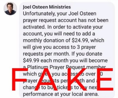 A fake Joel Osteen Ministries account soliciting payments in return for prayer requests. Lakewood Church called out the scam on May 15, 2019. 