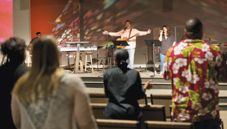 Pastor Mark DeYmaz leads worship at Mosaic Church in Little Rock, Arkansas.
