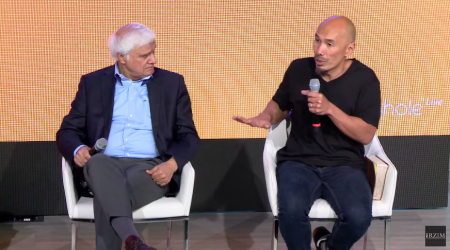 Ravi Zacharias and Francis Chan appear during a Q&A session at the Church Leaders Conference in Alpharetta, Georgia, May 2019.