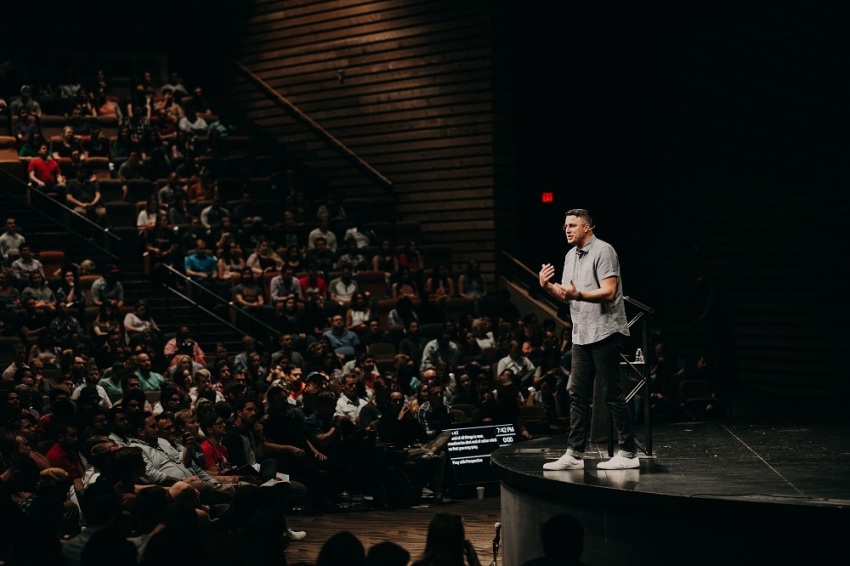 Pastor Jonathan "J.P." Pokluda preaches at The Porch, a young adult community founded by Watermark Community Church in Dallas, Texas. 
