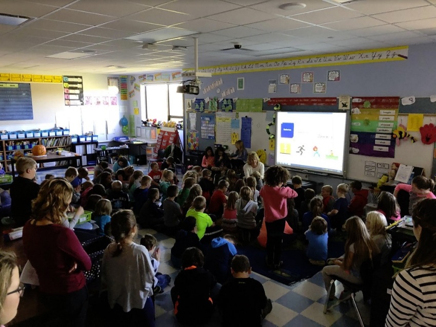 Students attend a "Church Anywhere" after-school church service run by First Capital Christian Church at North Harrison Elementary School in Ramsey, Indiana.